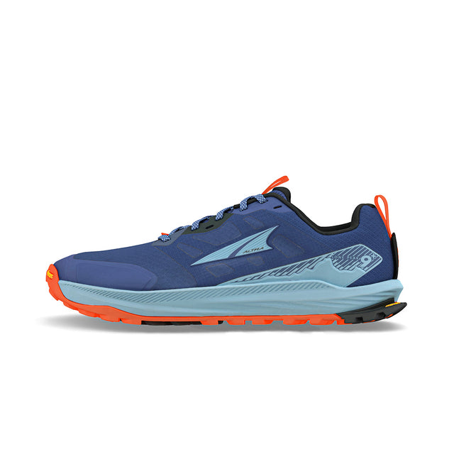 altra lone peak mens, zero drop trail running shoe, navy blue with light blue and orange details, side profile