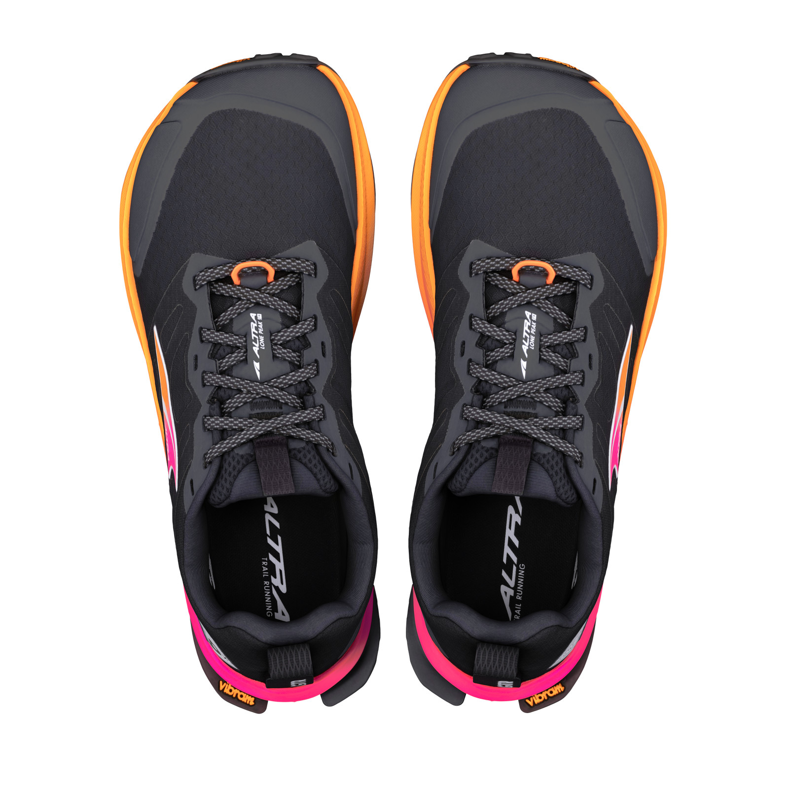 top view of altra lone peak womens trail running shoe in a black pink and orange colour