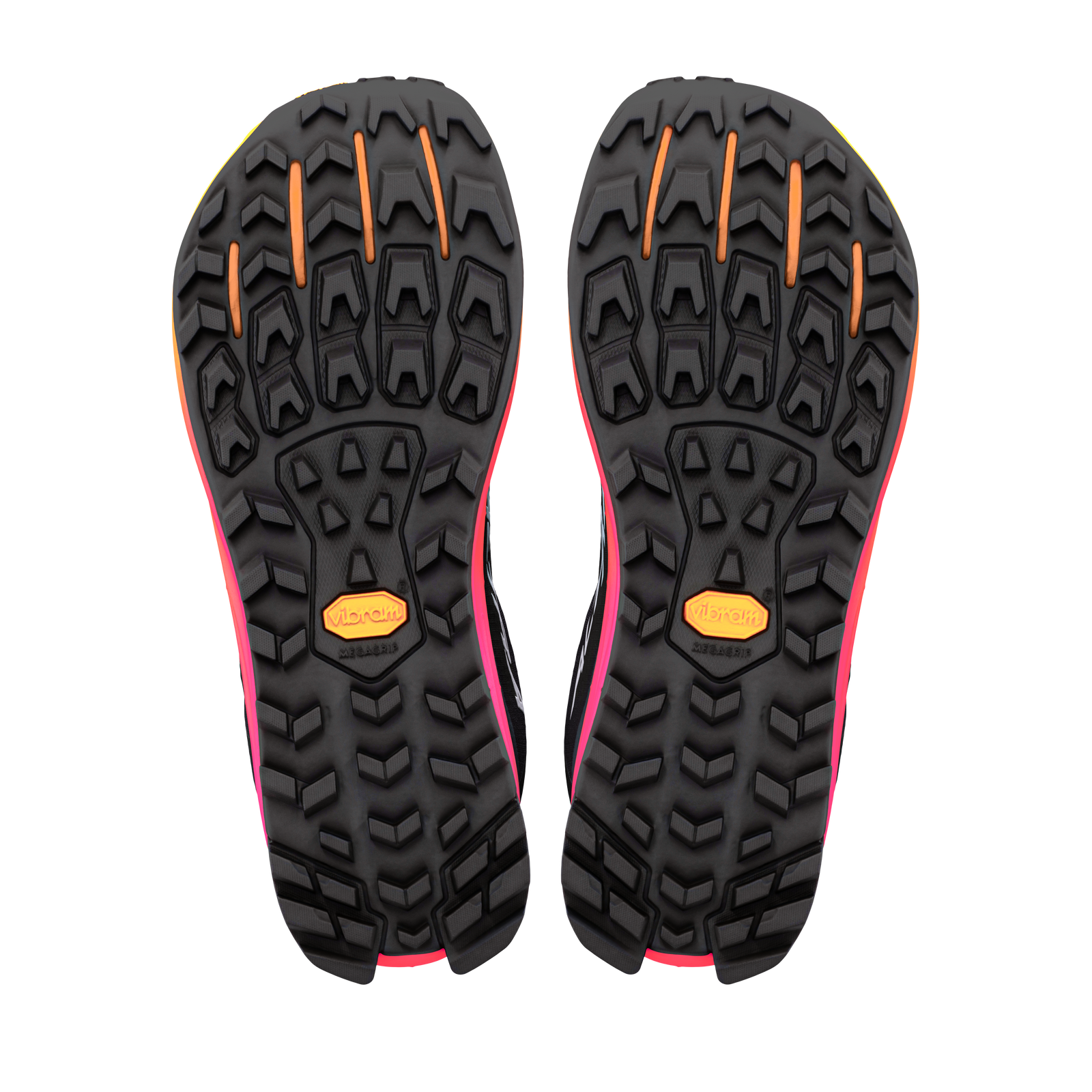 bottom view of altra lone peak womens trail running shoe in a black pink and orange colour