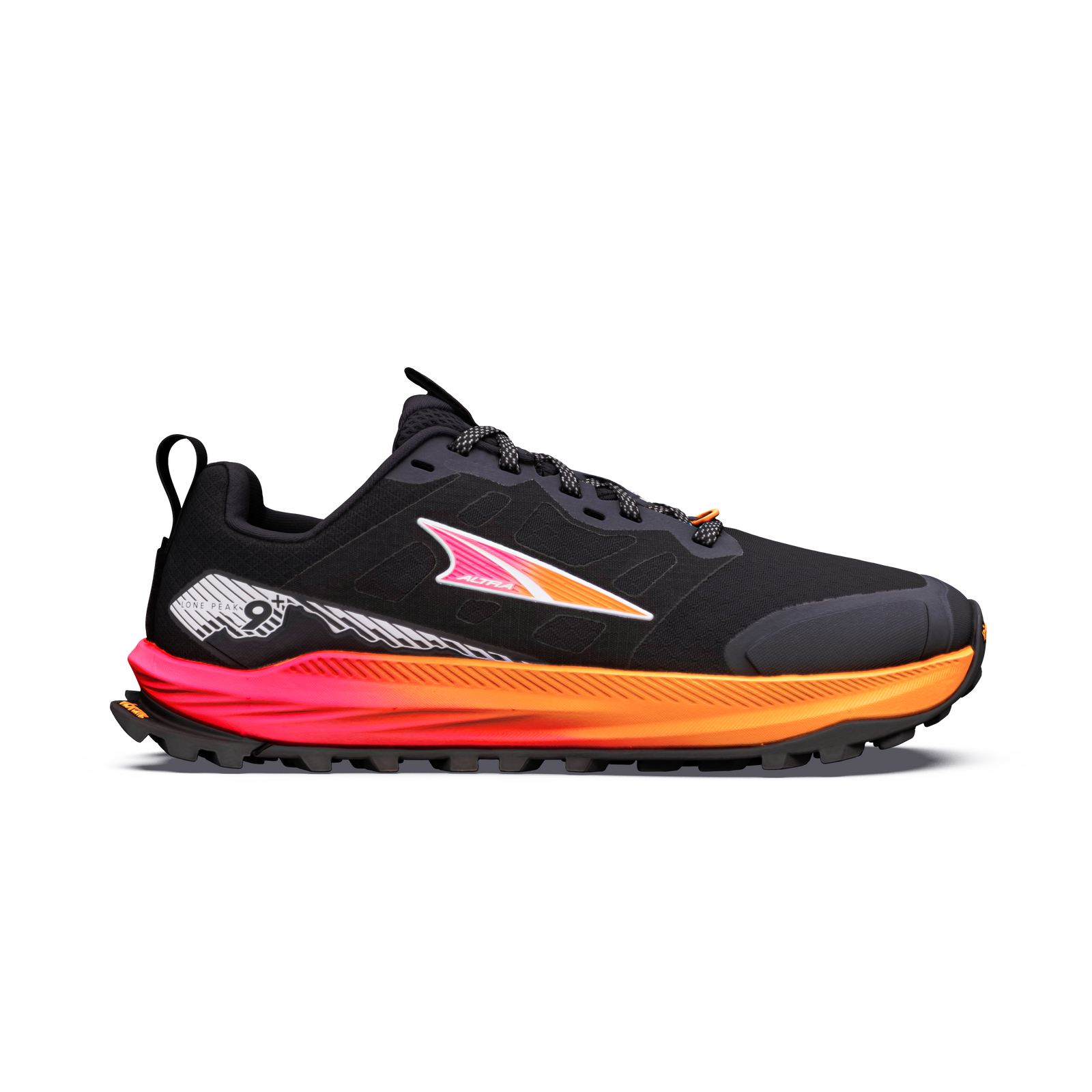 side view of altra lone peak womens trail running shoe in a black pink and orange colour