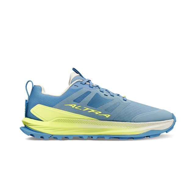 altra lone peak 9 for women, zero drop wide toe box natural foot shape trail running and walking shoe, light blue with lime green, side profile of shoe