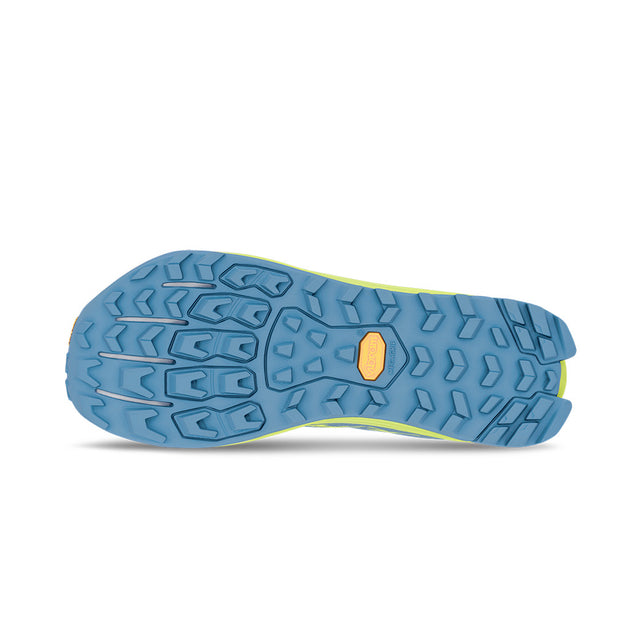 altra lone peak 9 for women, zero drop wide toe box natural foot shape trail running and walking shoe, light blue with lime green, sole of shoe