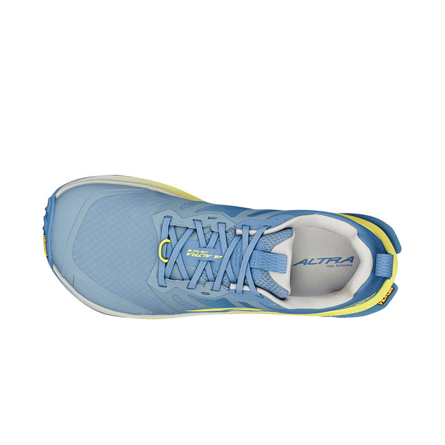 altra lone peak 9 for women, zero drop wide toe box natural foot shape trail running and walking shoe, light blue with lime green, top profile of shoe
