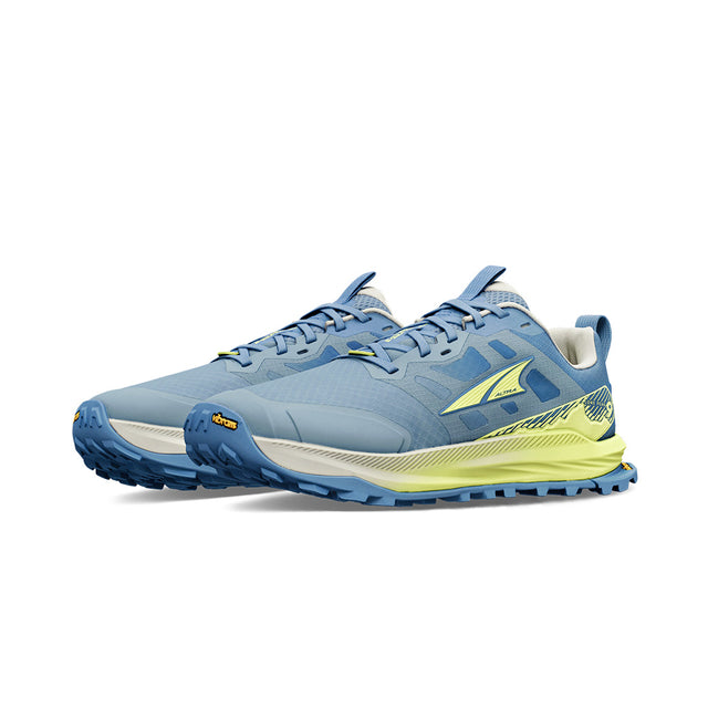 altra lone peak 9 for women, zero drop wide toe box natural foot shape trail running and walking shoe, light blue with lime green, pair of shoes