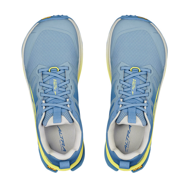 altra lone peak 9 for women, zero drop wide toe box natural foot shape trail running and walking shoe, light blue with lime green, top view of shoe