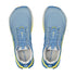altra lone peak 9 for women, zero drop wide toe box natural foot shape trail running and walking shoe, light blue with lime green, top view of shoe