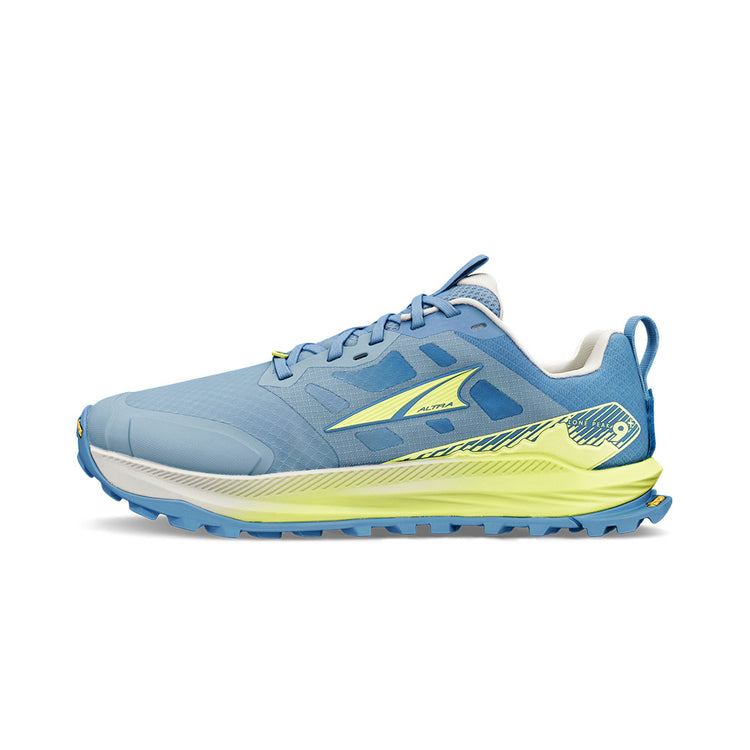 altra lone peak 9 for women, zero drop wide toe box natural foot shape trail running and walking shoe, light blue with lime green, side profile of shoe