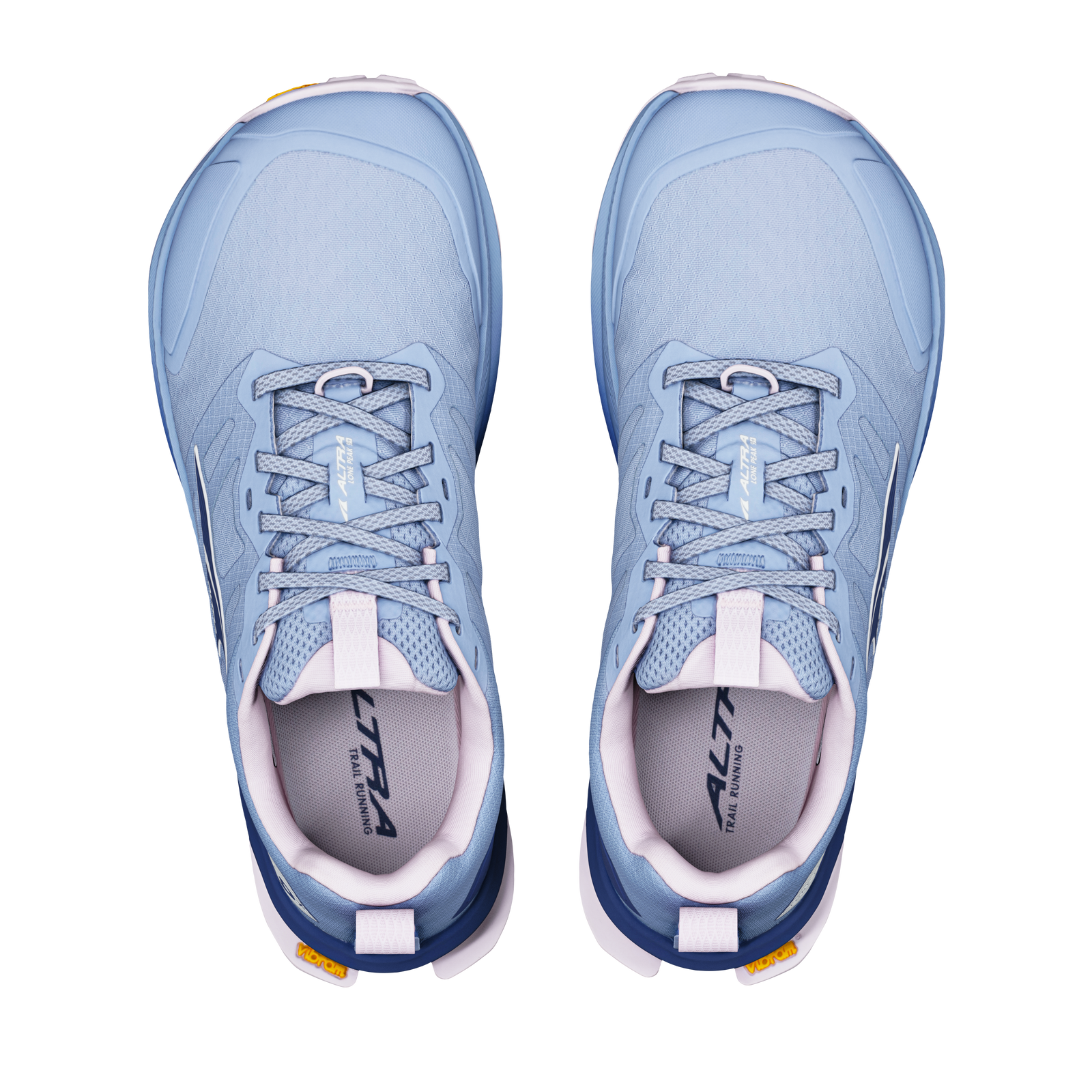 altra lone peak 9 womens, zero drop trail running shoe with natural wide toe box, light blue colour with pink and dark blue details, top of shoes