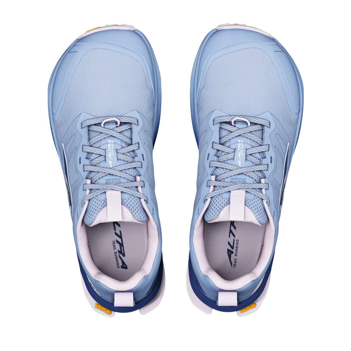altra lone peak 9 womens, zero drop trail running shoe with natural wide toe box, light blue colour with pink and dark blue details, top of shoes