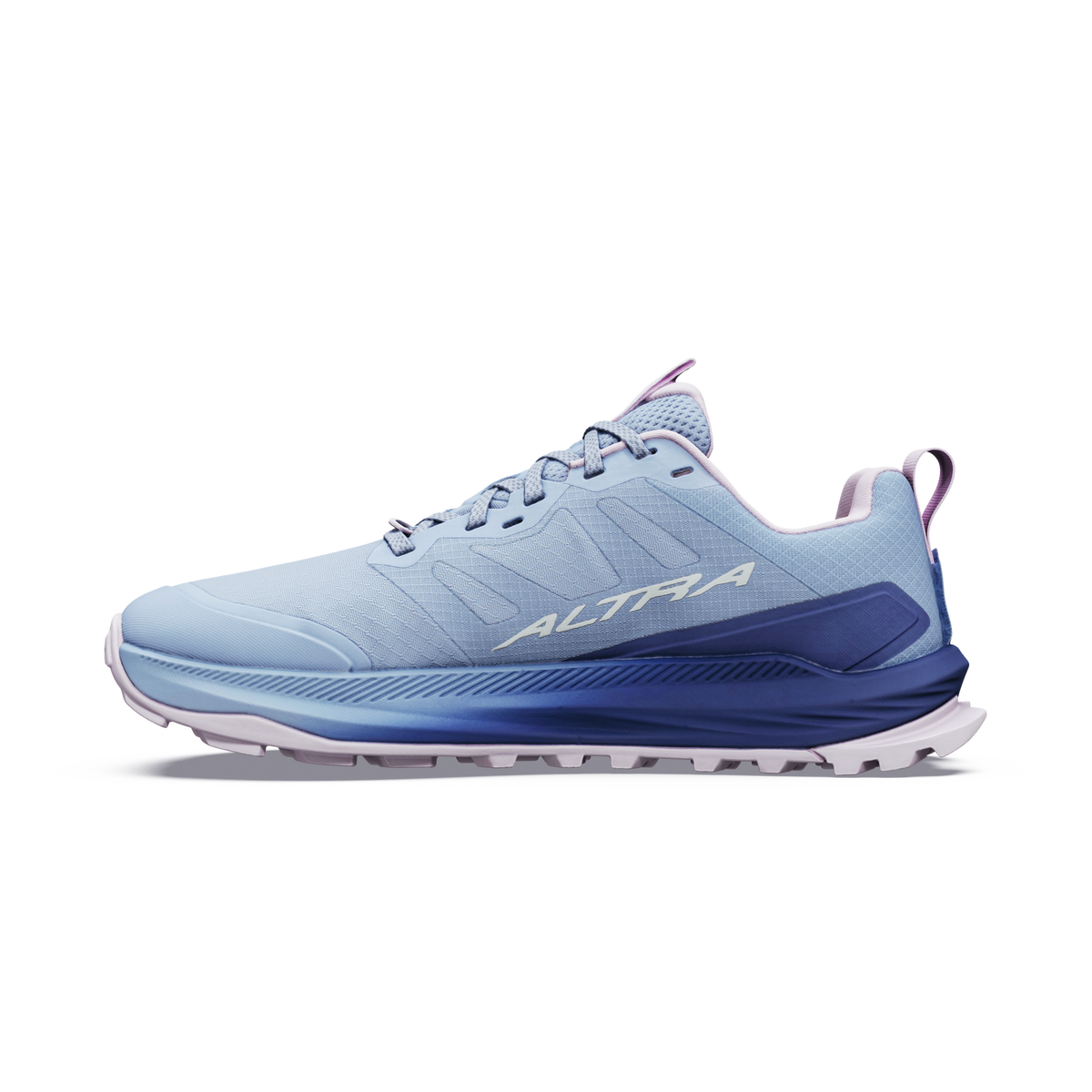 altra lone peak 9 womens, zero drop trail running shoe with natural wide toe box, light blue colour with pink and dark blue details, inside profile