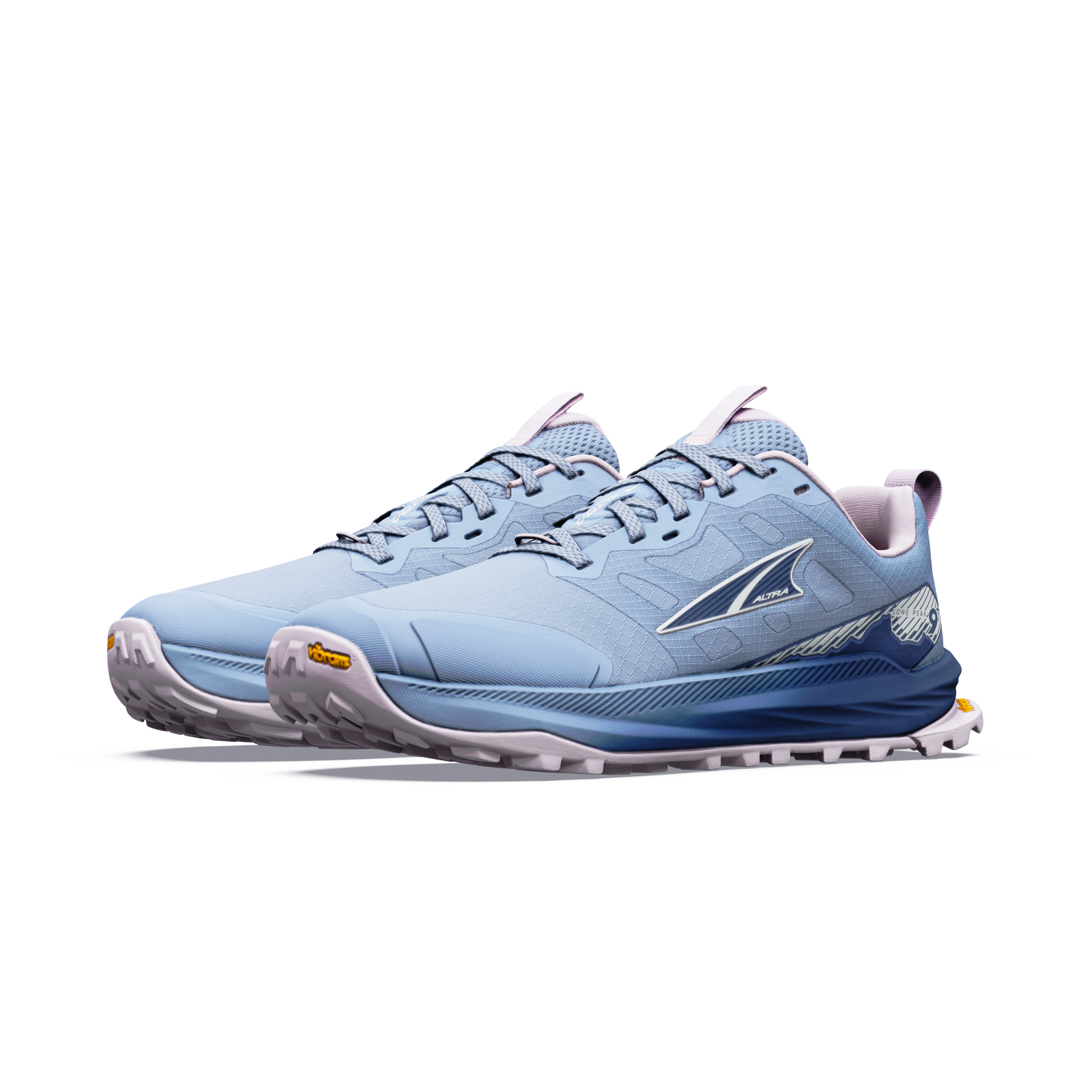 altra lone peak 9 womens, zero drop trail running shoe with natural wide toe box, light blue colour with pink and dark blue details, pair of shoes