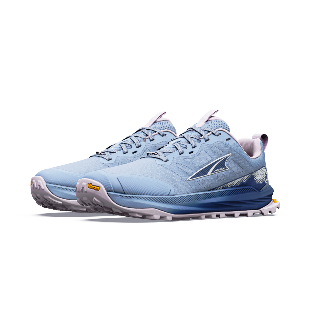 altra lone peak 9 womens, zero drop trail running shoe with natural wide toe box, light blue colour with pink and dark blue details, pair of shoes
