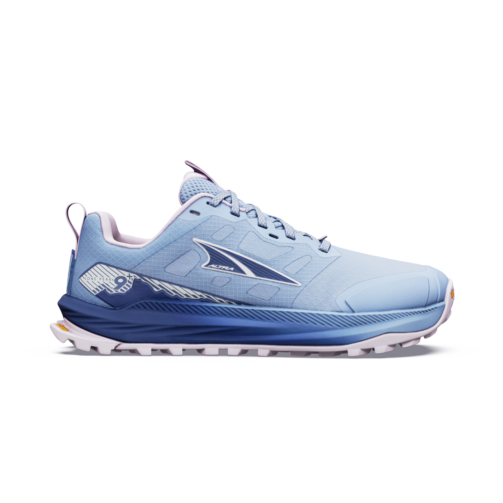 altra lone peak 9 womens, zero drop trail running shoe with natural wide toe box, light blue colour with pink and dark blue details, side profile of shoe