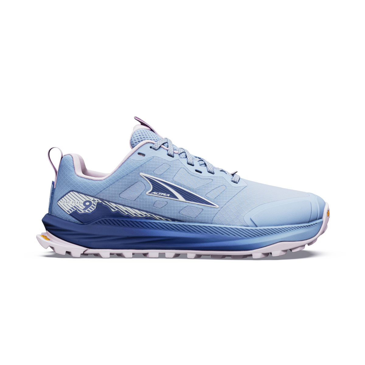 altra lone peak 9 womens, zero drop trail running shoe with natural wide toe box, light blue colour with pink and dark blue details, side profile of shoe