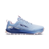 altra lone peak 9 womens, zero drop trail running shoe with natural wide toe box, light blue colour with pink and dark blue details, side profile of shoe
