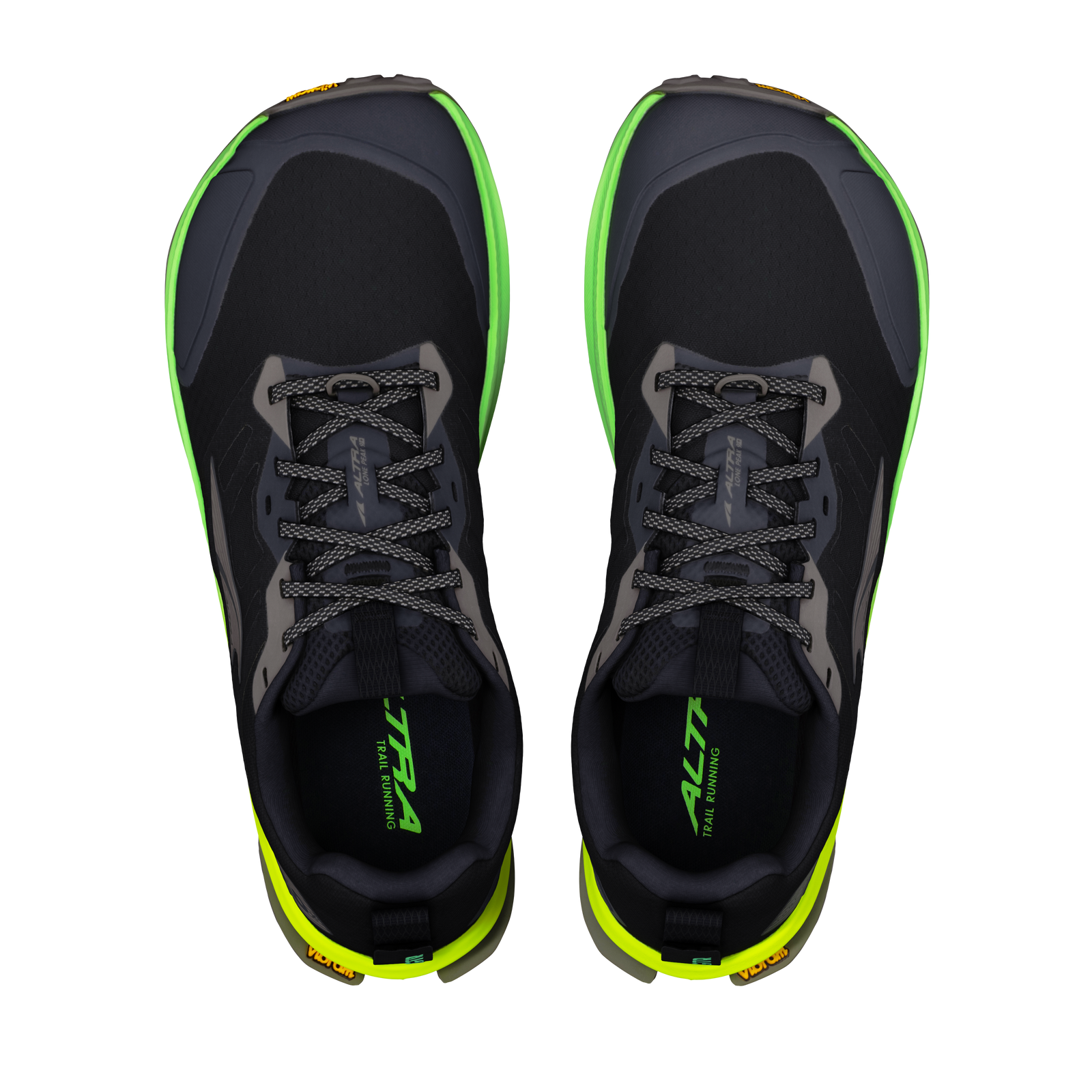 top down view of Altra lone peak 9, men's trail running shoes in black and green colour