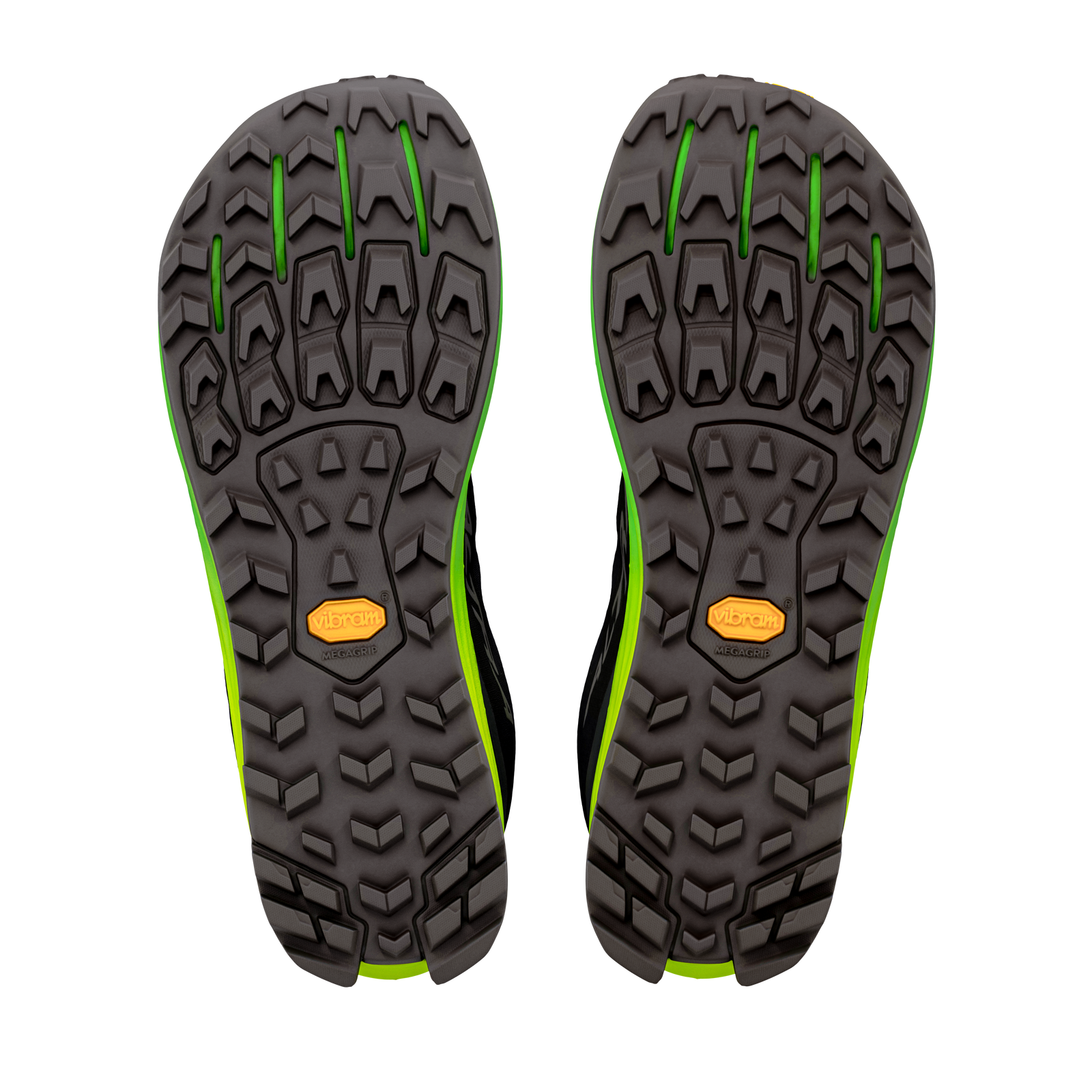 bottom of Altra lone peak 9, men's trail running shoes in black and green colour