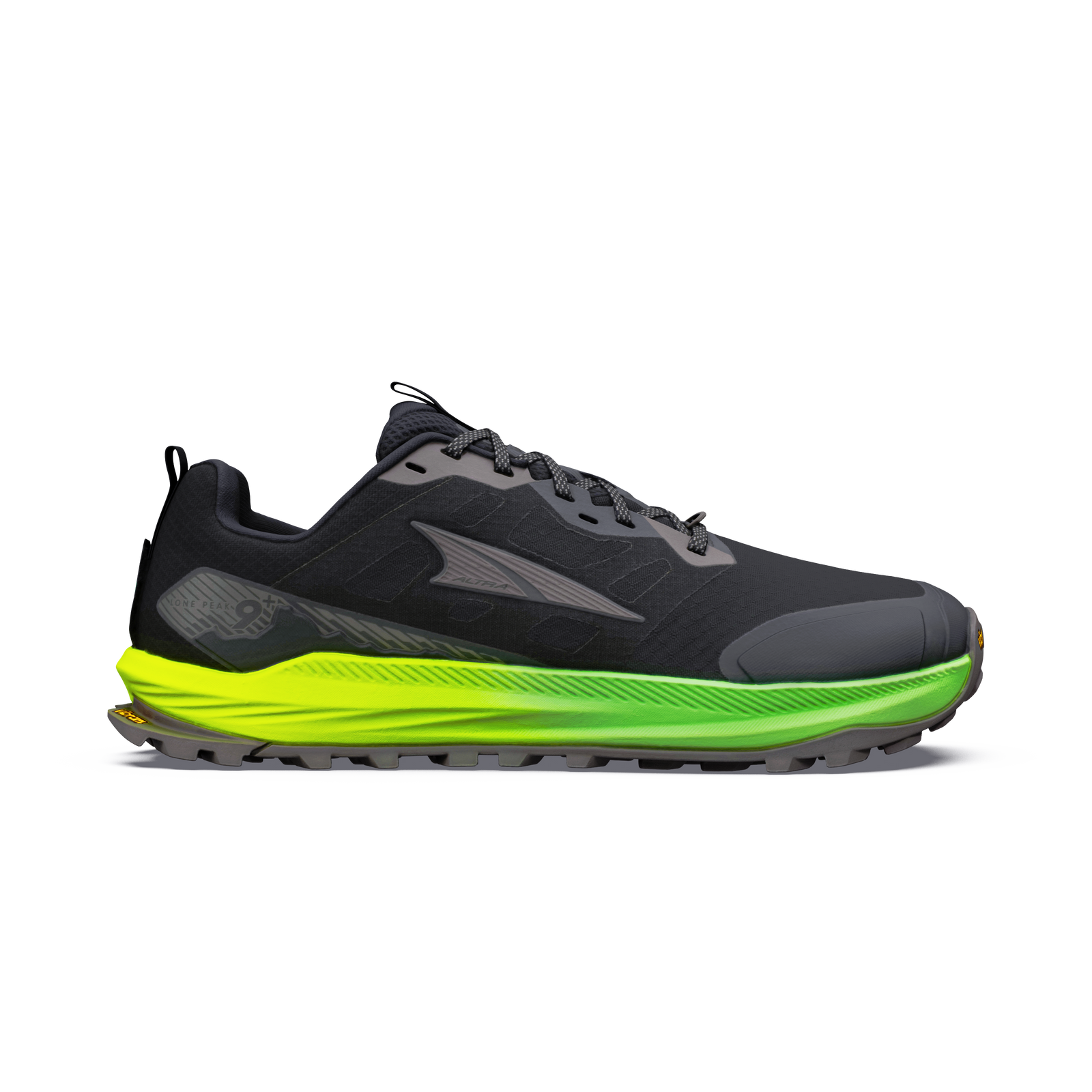 side view of Altra lone peak 9, men's trail running shoes in black and green colour