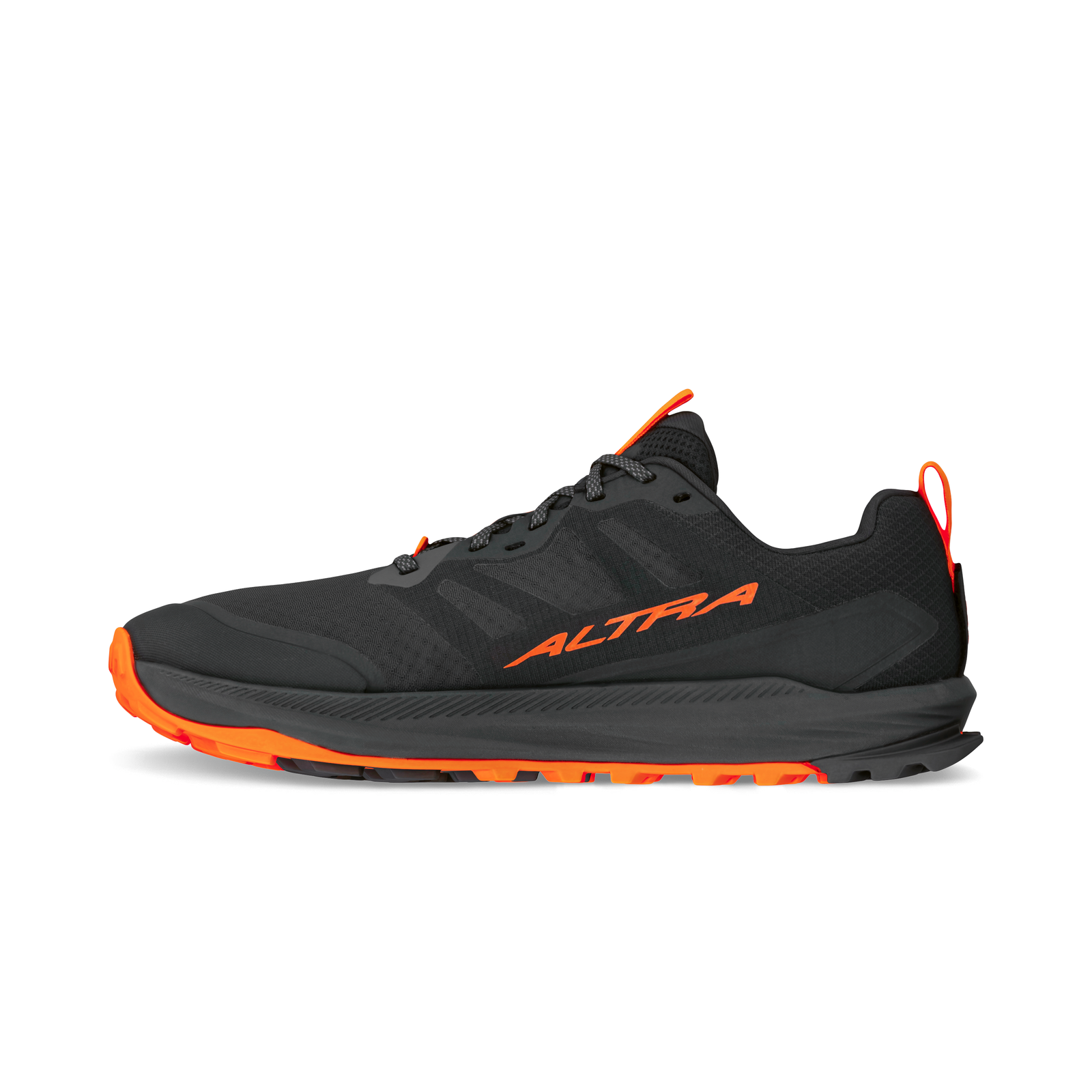 altra lone peak 9 for men, zero drop trail running shoe with minimal cushioning, black with orange detail, inside profile of the shoe