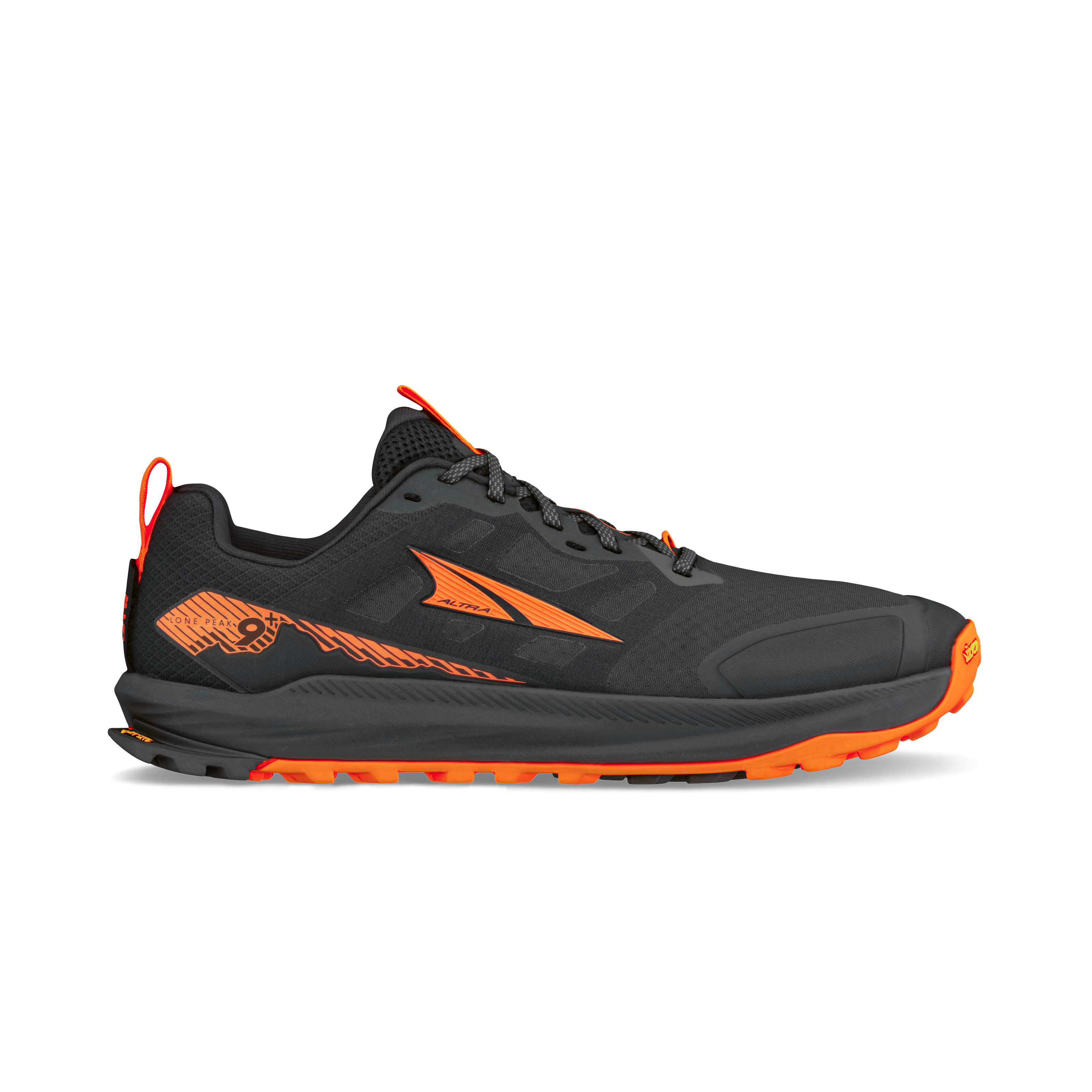 altra lone peak 9 for men, zero drop trail running shoe with minimal cushioning, black with orange detail, outside profile of the shoe