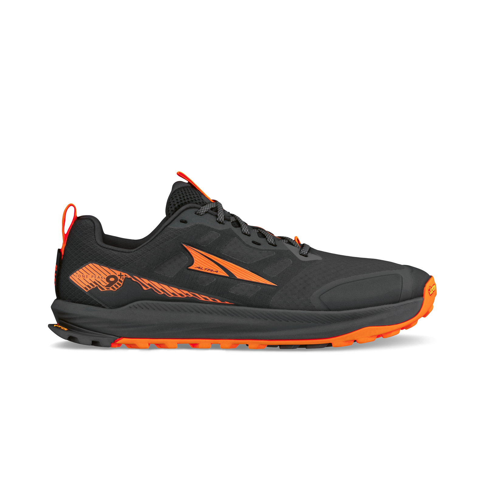altra lone peak 9 for men, zero drop trail running shoe with minimal cushioning, black with orange detail, outside profile of the shoe