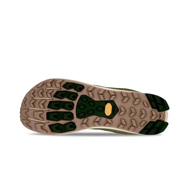 Altra lone peak 9, men's trail running shoe in green colour, showing lugs on sole