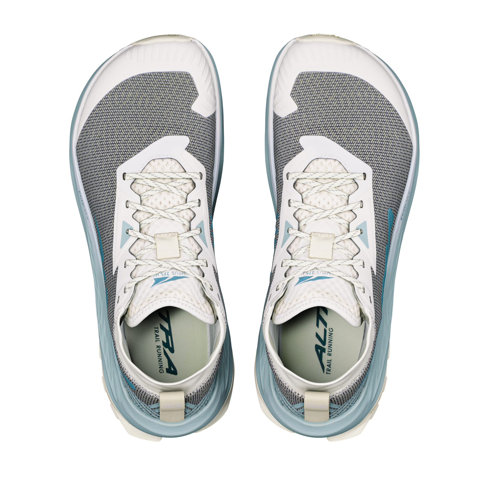 altra olympus 275 hilo mens, technical trail running and racing shoe with maximum cushioning, light blue and grey, top of shoe with wide toe box