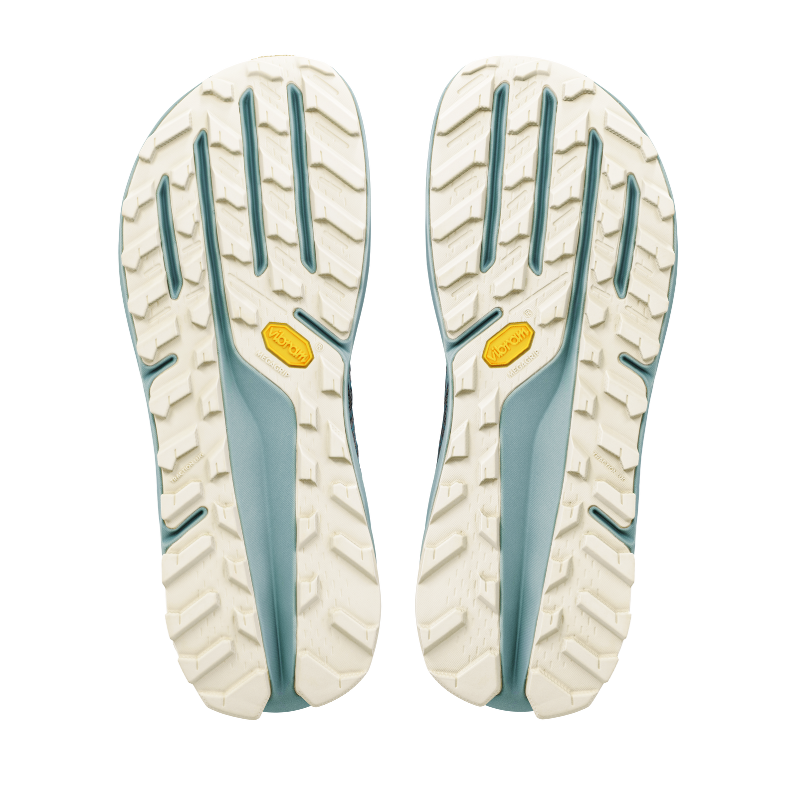 altra olympus 275 hilo mens, technical trail running and racing shoe with maximum cushioning, light blue and grey, soles of shoe with vibrum grip