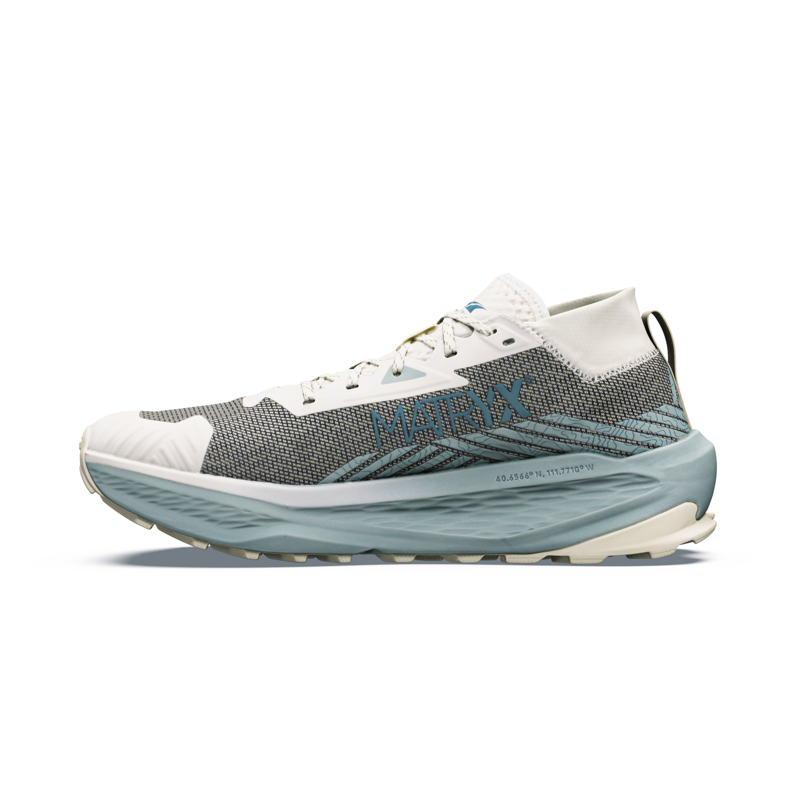 altra olympus 275 hilo mens, technical trail running and racing shoe with maximum cushioning, light blue and grey, inside profile of shoe