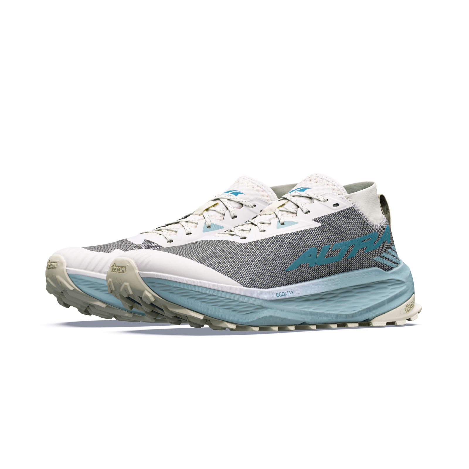 altra olympus 275 hilo mens, technical trail running and racing shoe with maximum cushioning, light blue and grey, side angled profile of pair of shoes