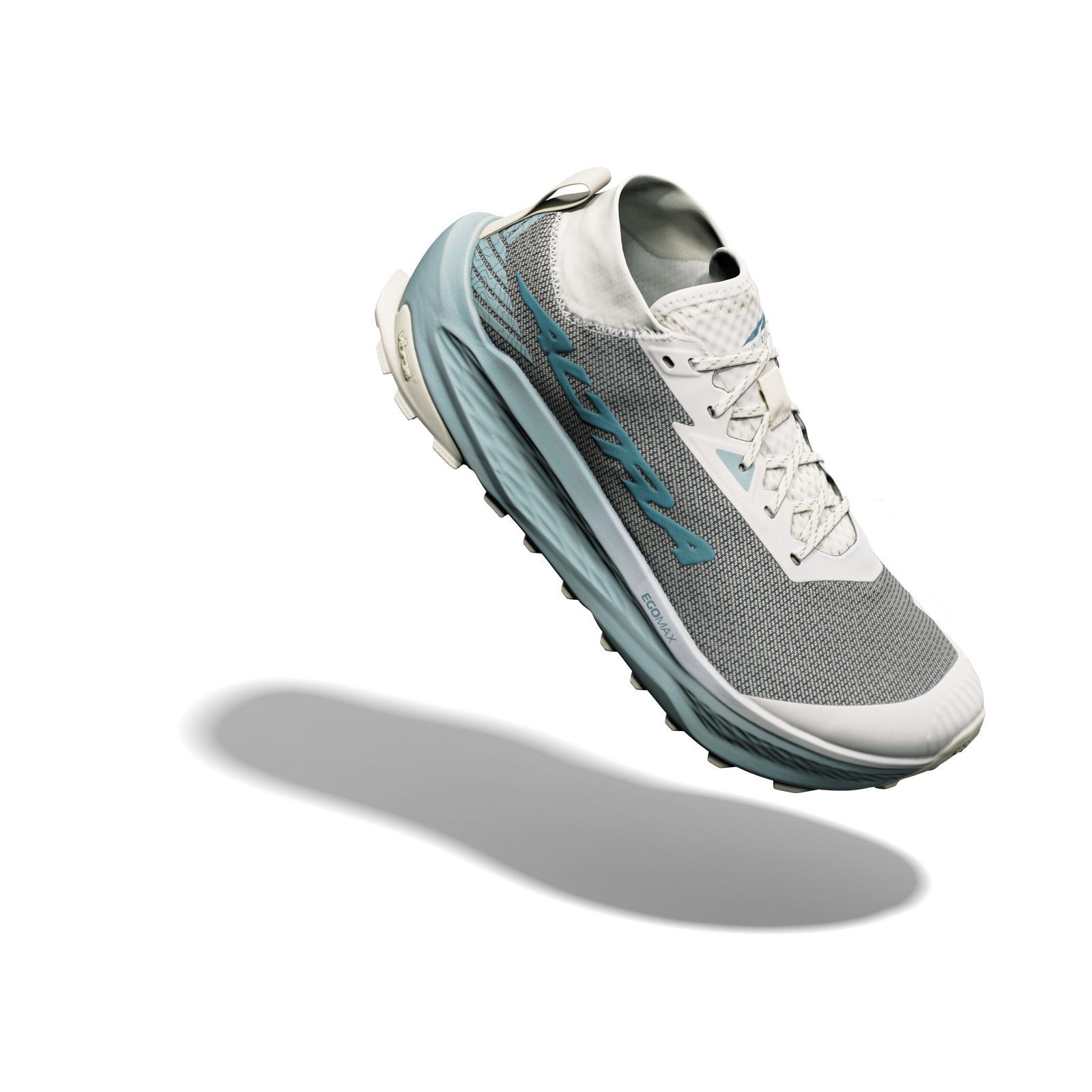 altra olympus 275 hilo mens, technical trail running and racing shoe with maximum cushioning, light blue and grey, lifted side profile of shoe