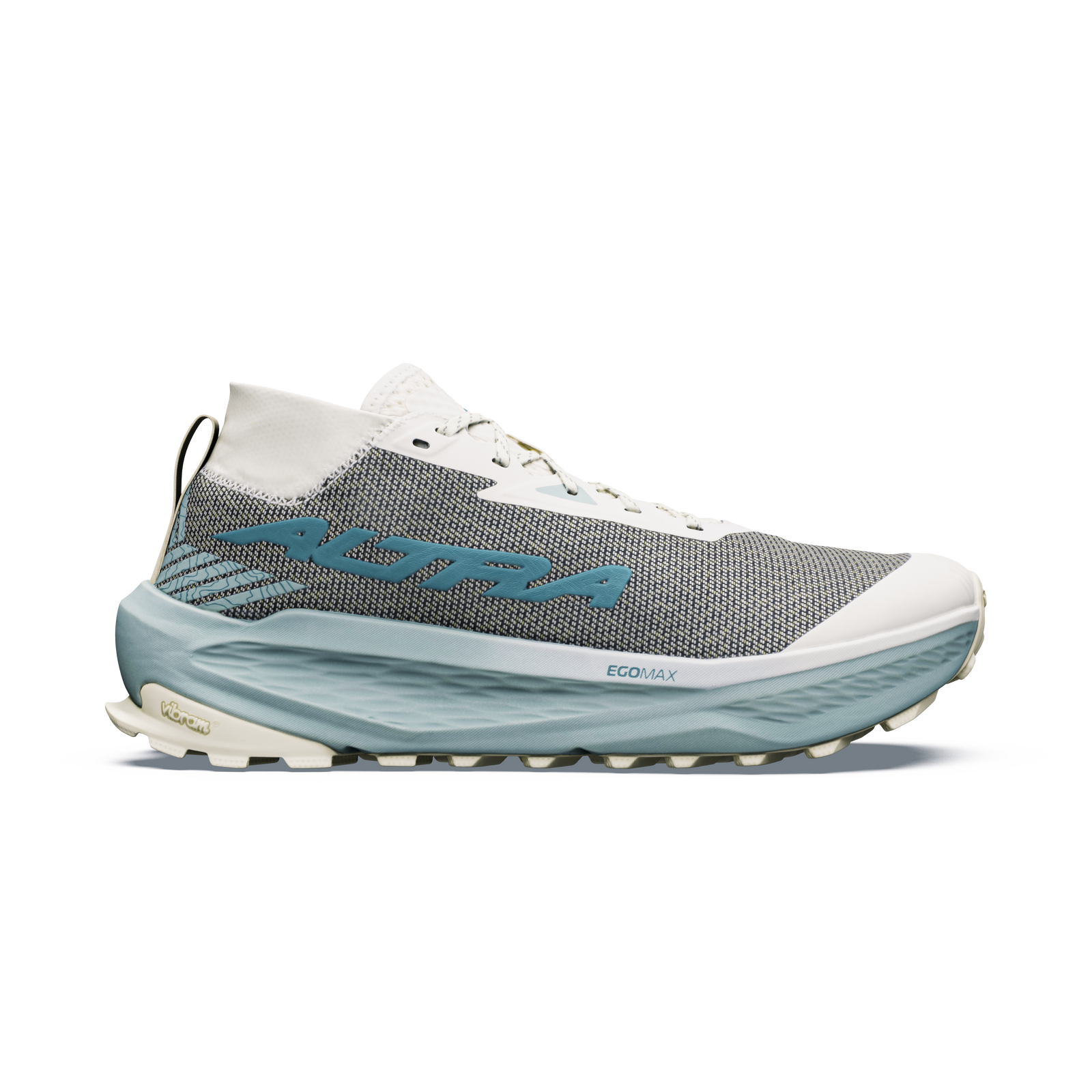 altra olympus 275 hilo mens, technical trail running and racing shoe with maximum cushioning, light blue and grey, side profile of shoe
