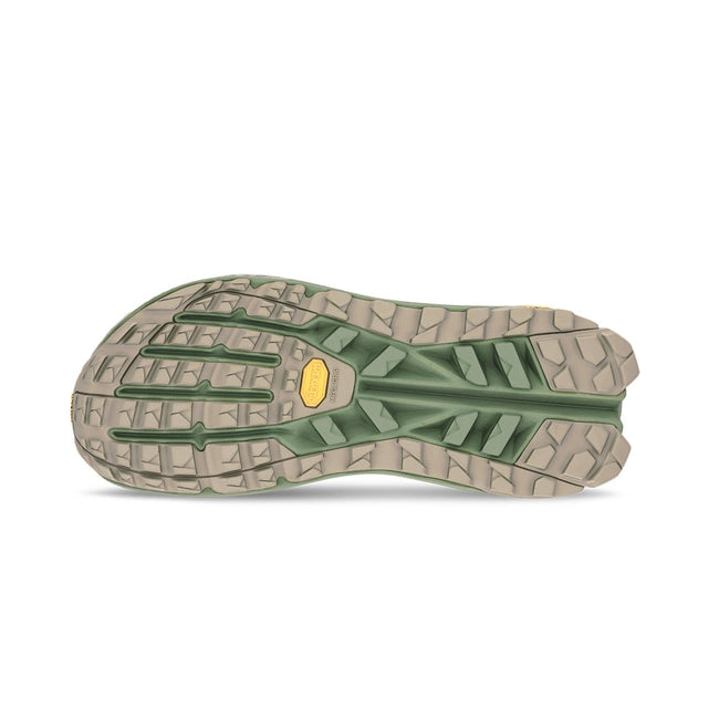 altra olympus 275 for men, maximum cushioning trail racing shoe with zero drop and wide toe box and natural foot shape, green grey orange and yellow colour,  sole of shoe