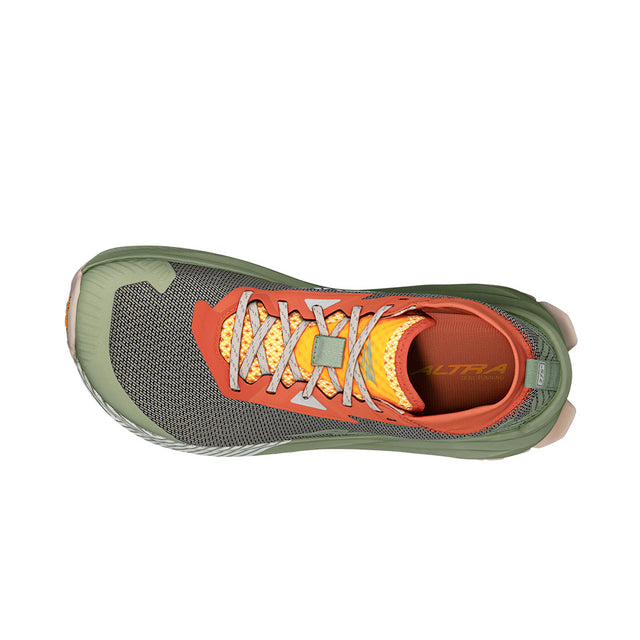 altra olympus 275 for men, maximum cushioning trail racing shoe with zero drop and wide toe box and natural foot shape, green grey orange and yellow colour,  top profile of shoe