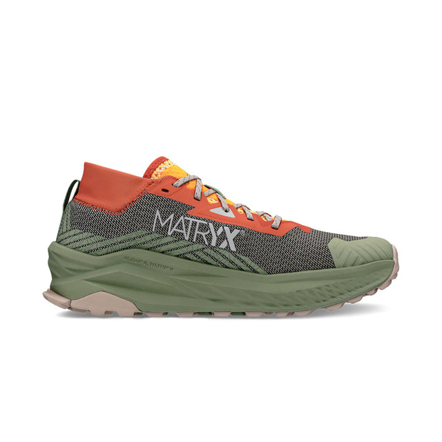 altra olympus 275 for men, maximum cushioning trail racing shoe with zero drop and wide toe box and natural foot shape, green grey orange and yellow colour,  side profile of shoe