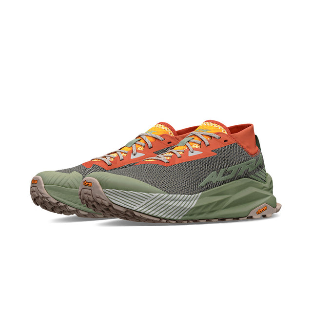 altra olympus 275 for men, maximum cushioning trail racing shoe with zero drop and wide toe box and natural foot shape, green grey orange and yellow colour,  pair of shoes