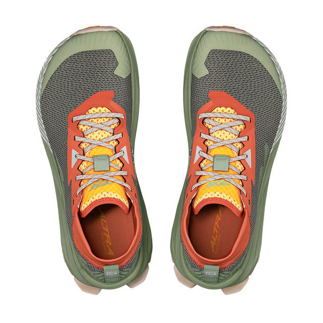 altra olympus 275 for men, maximum cushioning trail racing shoe with zero drop and wide toe box and natural foot shape, green grey orange and yellow colour,  top view of shoes