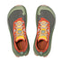 altra olympus 275 for men, maximum cushioning trail racing shoe with zero drop and wide toe box and natural foot shape, green grey orange and yellow colour,  top view of shoes
