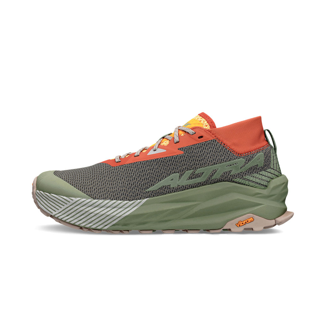 altra olympus 275 for men, maximum cushioning trail racing shoe with zero drop and wide toe box and natural foot shape, green grey orange and yellow colour,  side profile of shoe