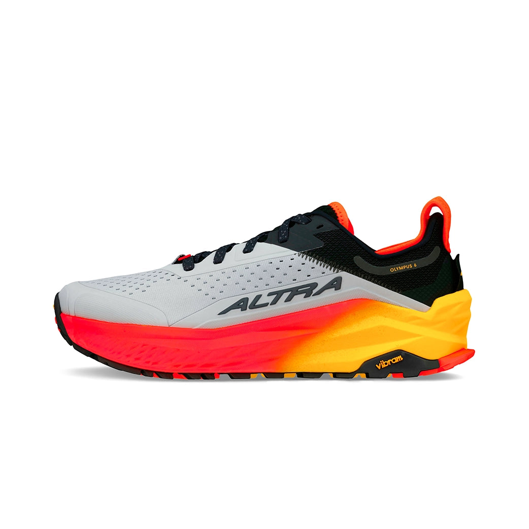 Altra Olympus 6, men's trail running shoe with wide toe box, grey colour with orange sole
