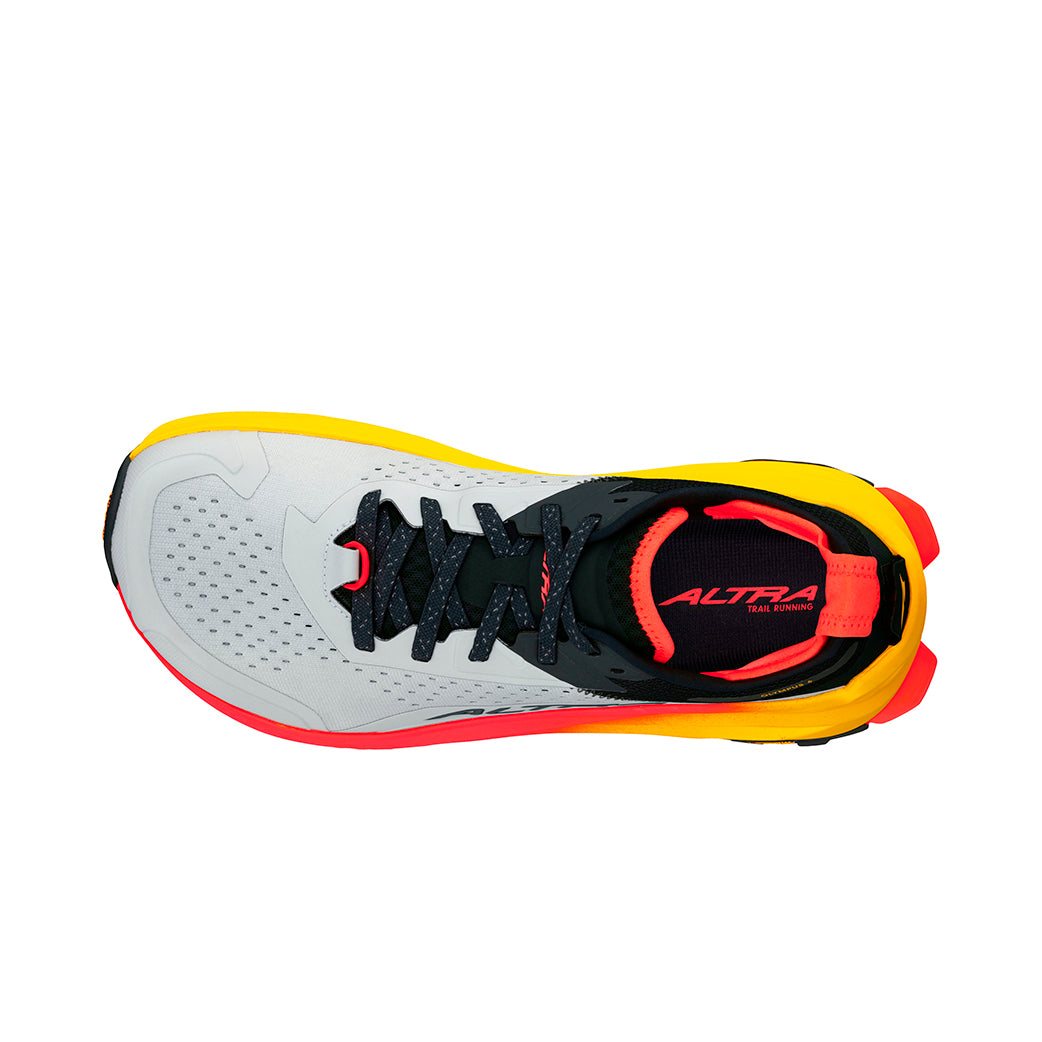 Altra Olympus 6, men's trail running shoe with wide toe box, grey colour with orange sole, top view
