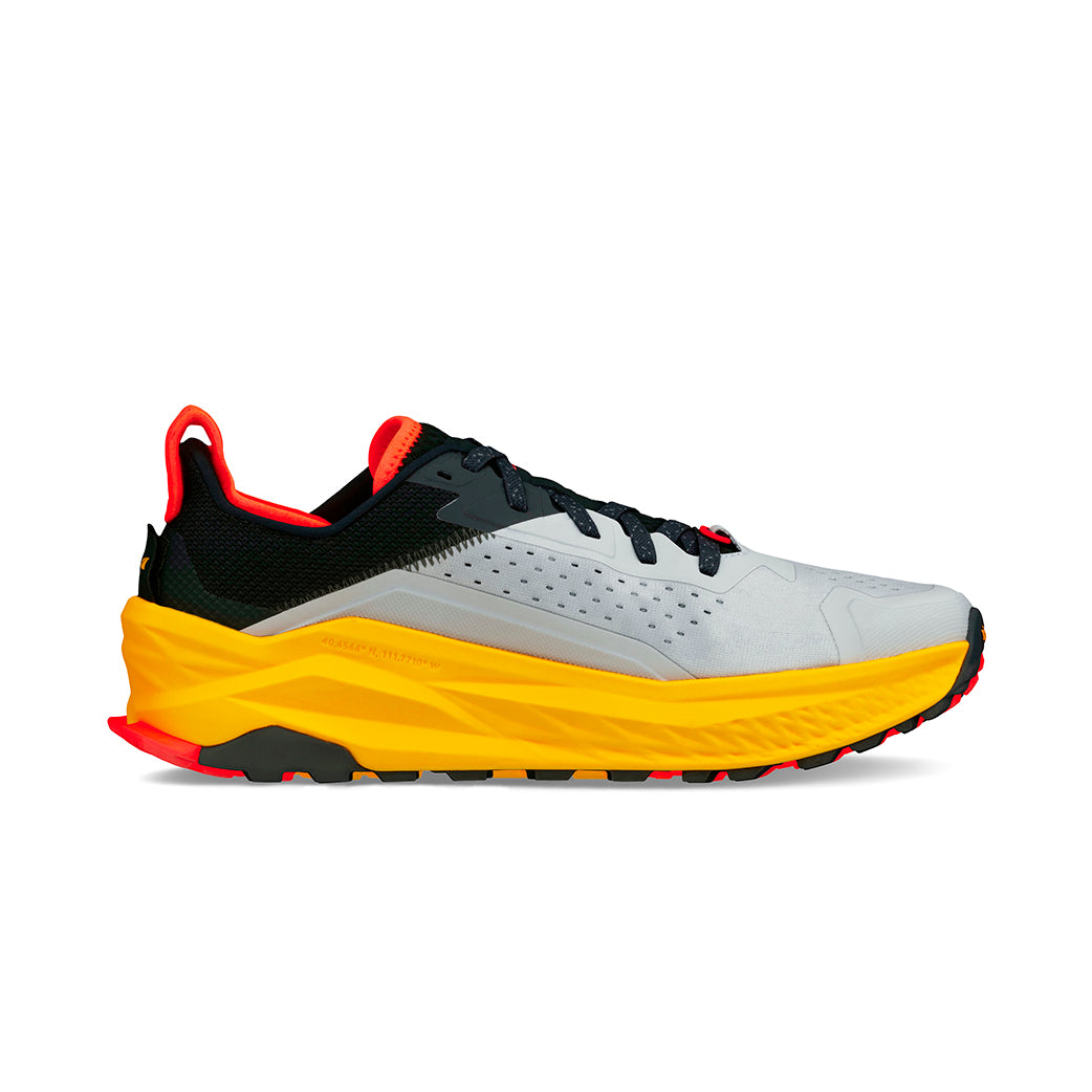 Altra Olympus 6, men's trail running shoe with wide toe box, grey colour with orange sole