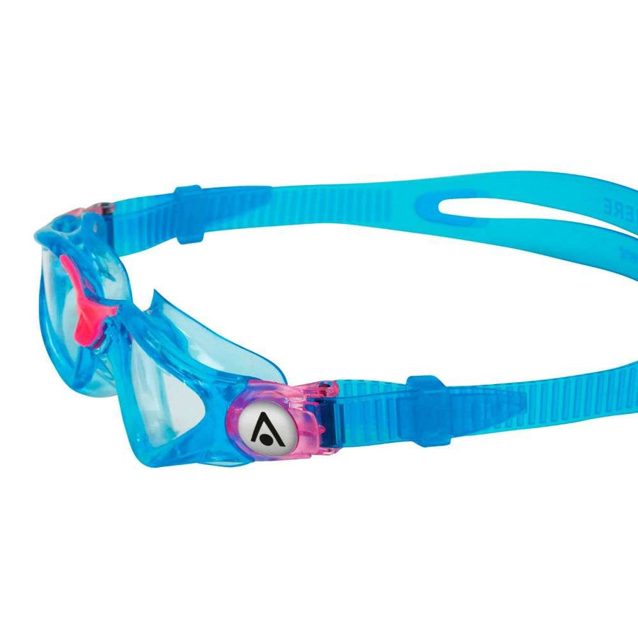 aquasphere kayenne junior kids swim goggle, blue with pink details, comfortable leak-proof goggle, close up of side of goggle