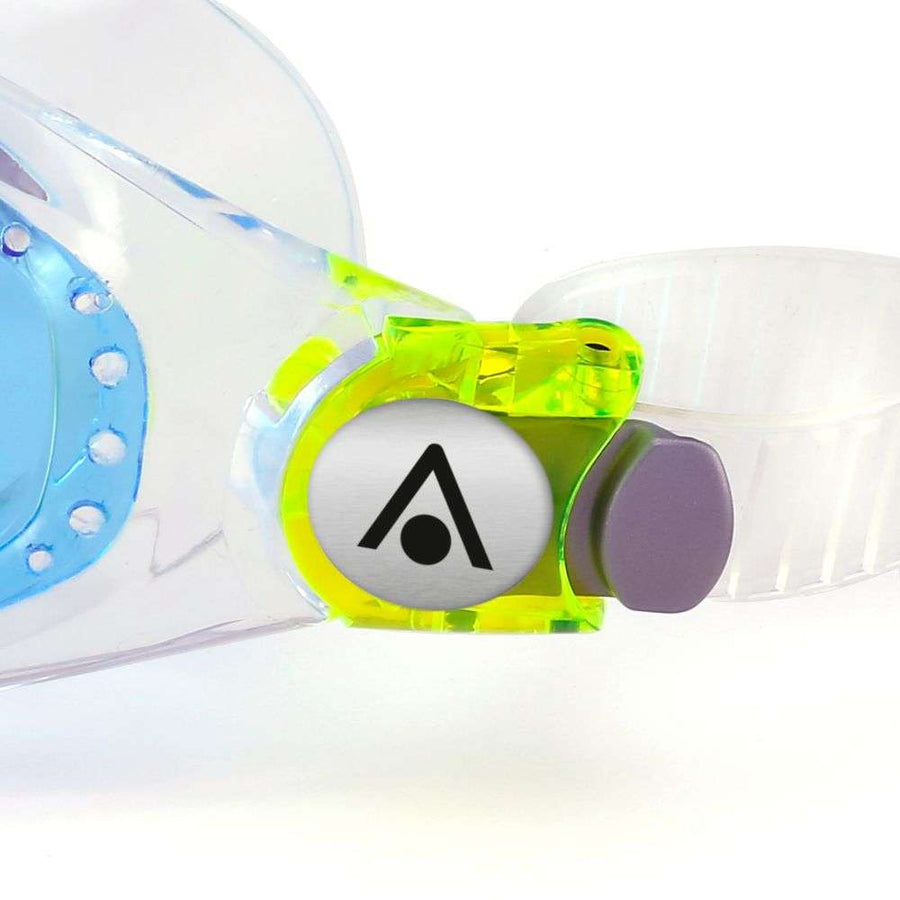 aquasphere seal kid 2, kids swim mask google, watertight fit, clear with blue and lime details, close up of buckle