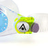 aquasphere seal kid 2, kids swim mask google, watertight fit, clear with blue and lime details, close up of buckle