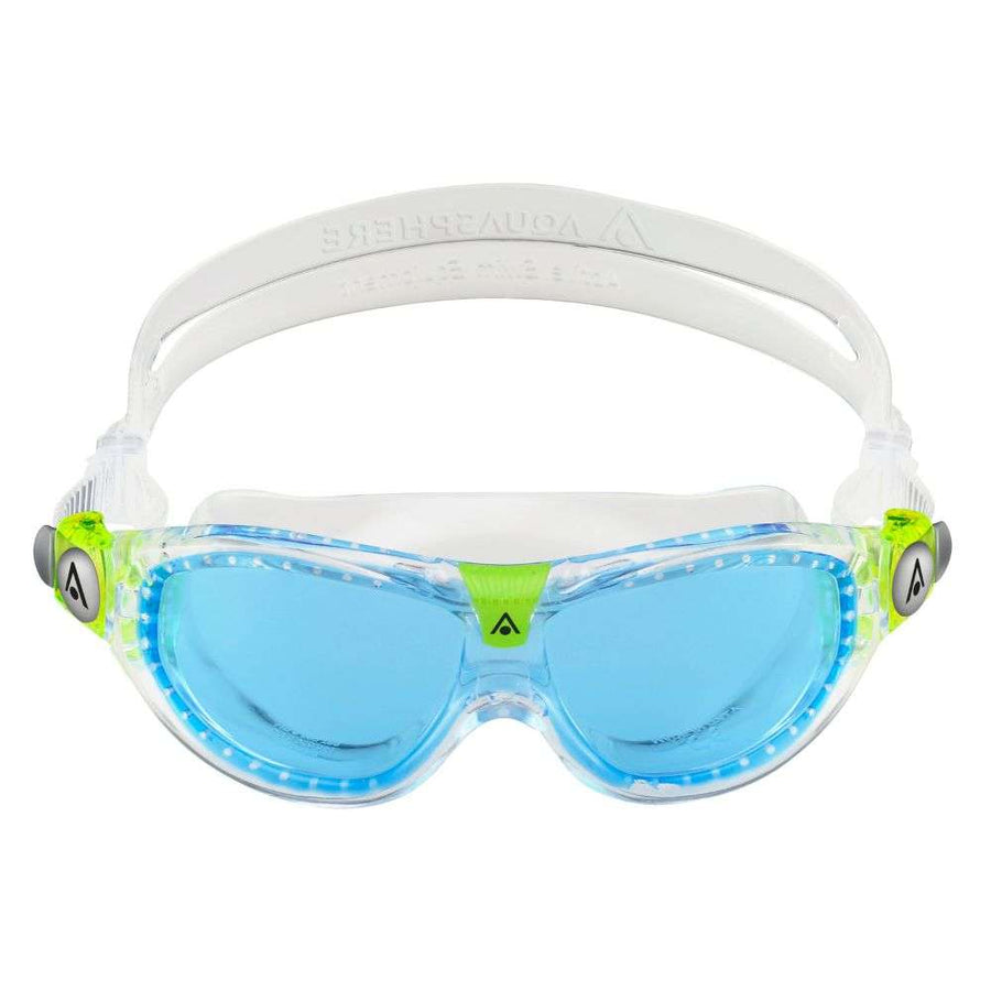aquasphere seal kid 2, kids swim mask google, watertight fit, clear with blue and lime details, profile of goggle