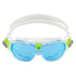 aquasphere seal kid 2, kids swim mask google, watertight fit, clear with blue and lime details, profile of goggle