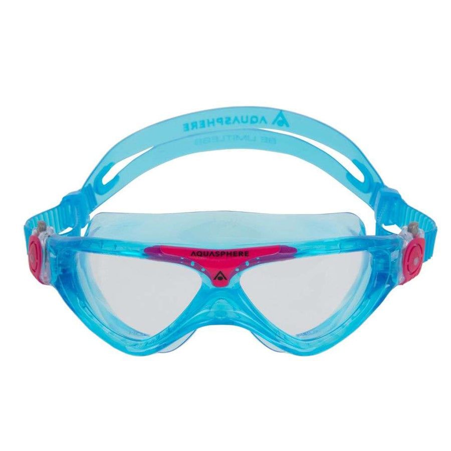 aquasphere clear lens mask goggle for kids, blue with pink details, latex free google for kids