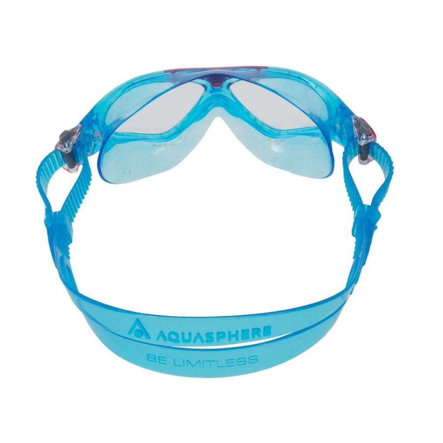 aquasphere clear lens mask goggle for kids, blue with pink details, latex free google for kids