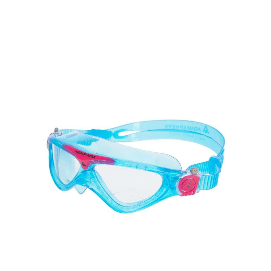aquasphere clear lens mask goggle for kids, blue with pink details, latex free google for kids
